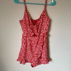 Red and White Floral Hello Molly Romper- Size Small